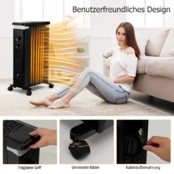 COSTWAY Ölradiator 3 Heizstufen 5-35℃ Für 20㎡, 7 Rippen Heizkörper 1500W, Elektrische Heizung Mobil Mit Thermostat, Überhitzungsschutz & Räder, Schwarz -Smart Kitchen Store 021a773bffb054753a532db42face3f8