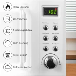COSTWAY Mikrowelle 20L, 700 W Mikrowellenofen, Mit 8 Automatischen Programme, 5 Leistungsstufen, LED-Anzeige, Verzögerter Start, Retro, Weiß -Smart Kitchen Store 0910e512904d745553464c0dc46502d6