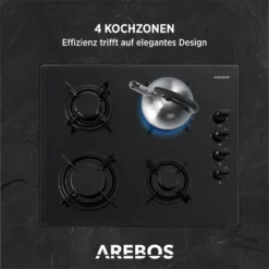 AREBOS Gaskochfeld 4 Flammen, Glaskeramik, Inkl. Topfträger & Zündsicherung, Autark, Geeignet Für Erdgas Oder Propangas, Gasherd -Smart Kitchen Store 0b7617b68509dced0c5edebeaaf9c7b6