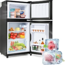 Kühl Gefrierkombination, Freistehender Kühlschrank, Freistehend Gefrierschrank Mit 60L Gesamtvolumen Doppeltür LED Beleuchtung 172 KWh/Jahr 86.8cm Höhe, Schwarz