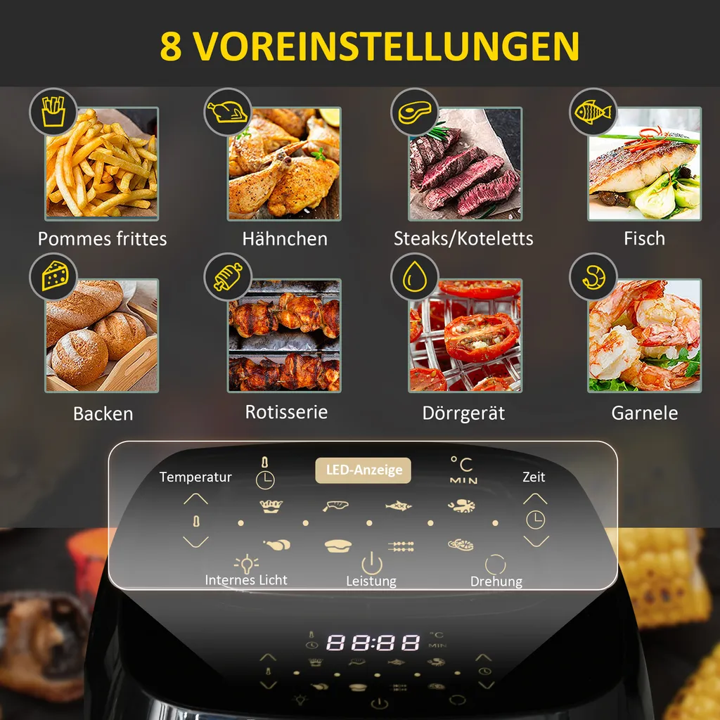 HOMCOM Heißluftfritteuse 11 L 1800W Mit 8 Menüs Zubehör Backofen Dehydrator Barbecue Für Gesundes ölfreies Fettarmes Kochen Stahl Schwarz 32 X 35,6 X 37,9 Cm 6 HOMCOM Heißluftfritteuse 11 L 1800W Mit 8 Menüs Zubehör Backofen Dehydrator Barbecue Für Gesundes ölfreies Fettarmes Kochen Stahl Schwarz 32 X 35,6 X 37,9 Cm – Bild 4