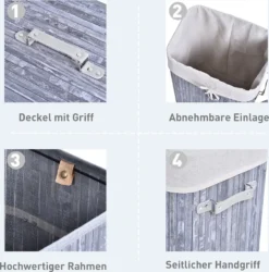HOMCOM Wäschekorb, Wäschebox, Wäschesammler Mit Deckel, Segeltuchsack, Waschbarem Wäschesack, Mit Griffen, Bambus , Faltbar, 72L, Grau, 40 X 30 X 60 Cm 15 HOMCOM Wäschekorb, Wäschebox, Wäschesammler Mit Deckel, Segeltuchsack, Waschbarem Wäschesack, Mit Griffen, Bambus , Faltbar, 72L, Grau, 40 X 30 X 60 Cm -Smart Kitchen Store 106b317897b5e4306cdf3c9637745937