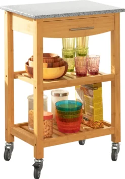 SoBuy FKW28-HG Servierwagen Mit Schublade Und 2 Ablagen Küchenwagen Küchenregal Aus Bambus Mit Granitarbeitsplatte BHT Ca.: 58x85x40cm