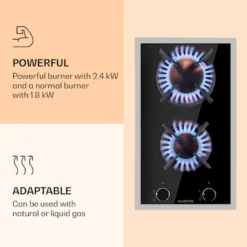 Klarstein Goldflame Domino Prime Gaskochfeld , 2-flammig Messing-Brenner , 4,2 KW, Glaskeramik , Inklusive Schlauch Und Druckminderer -Smart Kitchen Store 172baade03e5556afc1fcb811572891c