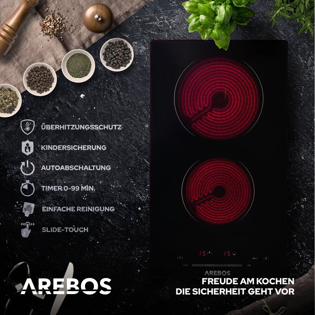 AREBOS Glaskeramikkochfeld, 3000 W, 2 Kochfelder, 30cm, Autark, Mit Sensor Touch 9 AREBOS Glaskeramikkochfeld, 3000 W, 2 Kochfelder, 30cm, Autark, Mit Sensor Touch – Bild 7