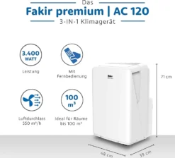 Fakir AC120 Klimagerät, Max. Raumgröße: 100 M³, 12.000 BTU/h -Smart Kitchen Store 2539514f8c61f3e40c1d59fd134fe46d