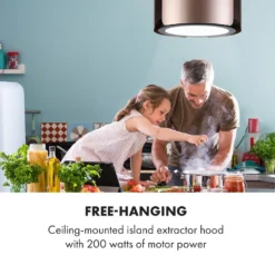 Klarstein Skyfall Smart Inselhaube,App- Und Gestensteuerung,45 X 42 Cm (ØxB),freihängend,Umluftbetrieb/Abluft,3 Stufen,402 M³/h,200 W,LED Beleuchtung,EEK C,inklusive Aluminium-Fettfilter Und 2 Aktivkohlefiltern,Wifi,illuminierter Touch-Drehregler,Dunstabzugshaube,Edelstahl,gold -Smart Kitchen Store 274e10f47e8c9edc2fad07482ede29f7