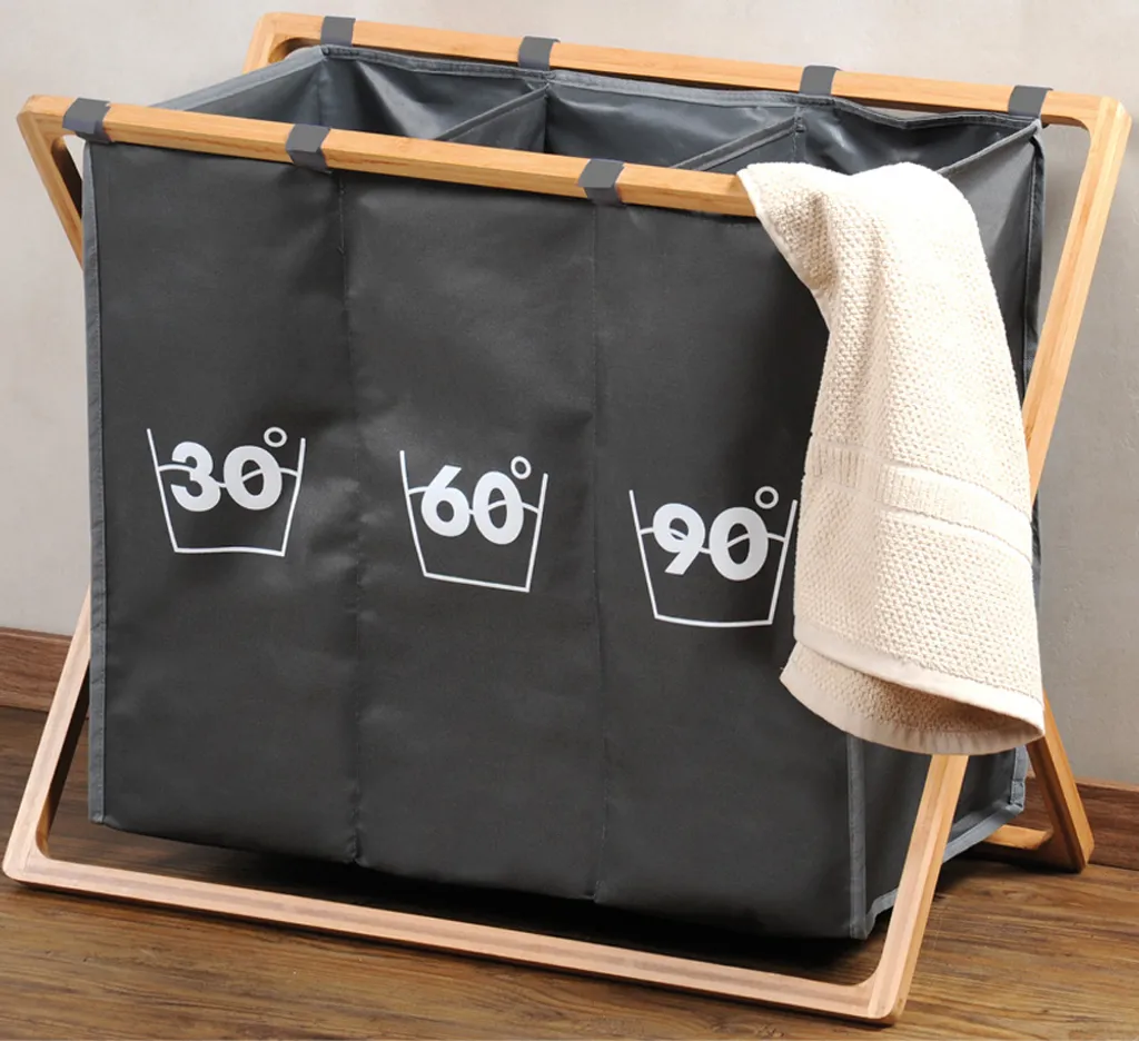 KESPER Wäschesammler Mit Dreifacher Einteilung, Trio, Grau Mit Bambusrahmen 69 X 38x 57 Cm 19597 3 KESPER Wäschesammler Mit Dreifacher Einteilung, Trio, Grau Mit Bambusrahmen 69 X 38x 57 Cm 19597
