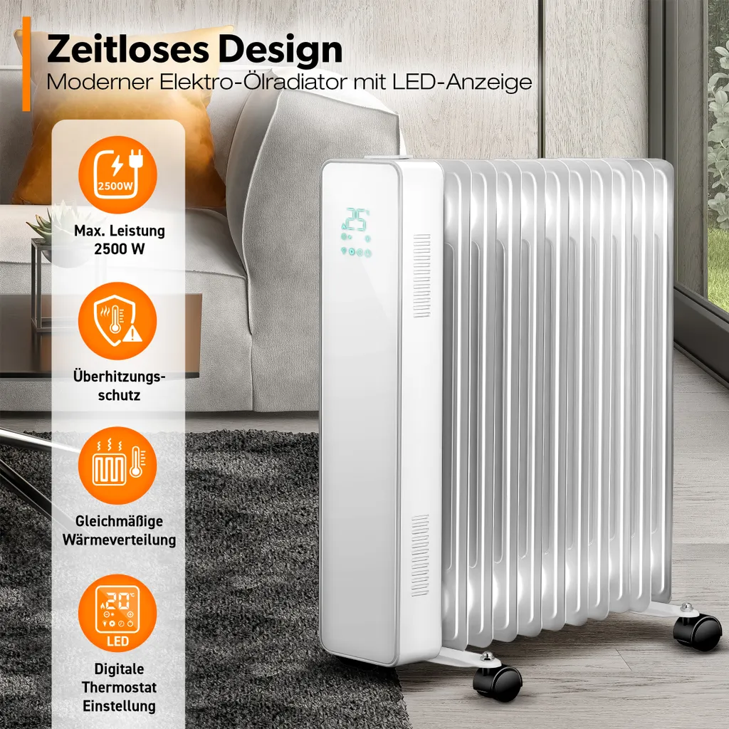 TRESKO® Ölradiator Weiß 2500W Elektroheizung Radiator Öl Heizkörper Heizung Timer 4 TRESKO® Ölradiator Weiß 2500W Elektroheizung Radiator Öl Heizkörper Heizung Timer – Bild 2