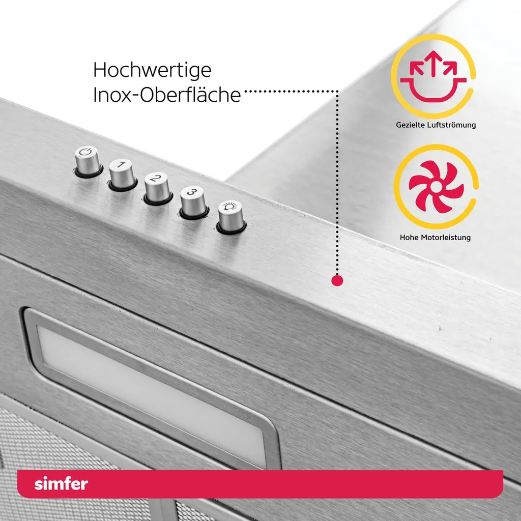 Simfer SMF-CH 8633 Dunstabzugshaube Edelstahl, 60 Cm, 650 M³ /h, Wandhaube, Kaminhaube, Teleskopkamin, Doppelabluftschacht, LED-Beleuchtung 6 Simfer SMF-CH 8633 Dunstabzugshaube Edelstahl, 60 Cm, 650 M³ /h, Wandhaube, Kaminhaube, Teleskopkamin, Doppelabluftschacht, LED-Beleuchtung – Bild 4