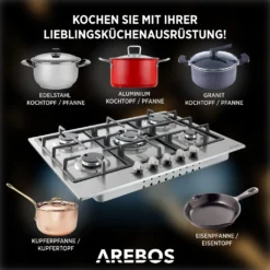 AREBOS Gaskochfeld 5 Flammen, Edelstahl, Inkl. Topfträger & Zündsicherung, Autark, Geeignet Für Erdgas Oder Propangas, Gasherd 17 AREBOS Gaskochfeld 5 Flammen, Edelstahl, Inkl. Topfträger & Zündsicherung, Autark, Geeignet Für Erdgas Oder Propangas, Gasherd -Smart Kitchen Store 2cb1d5c444efb5be36e35cac137b5259