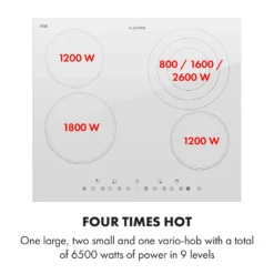 Klarstein Virtuosa 4 Glaskeramik-Kochfeld , Autark , 59 Cm , 4 Zonen: 6500 Watt , Zweifach-Zone , 4 Kochzonen , 9 Stufen , Timer , Rahmenlos , Timer , Kindersicherung , Weiß 11 Klarstein Virtuosa 4 Glaskeramik-Kochfeld , Autark , 59 Cm , 4 Zonen: 6500 Watt , Zweifach-Zone , 4 Kochzonen , 9 Stufen , Timer , Rahmenlos , Timer , Kindersicherung , Weiß -Smart Kitchen Store 344f3e66cf91f49908c3a92cc458b8e9