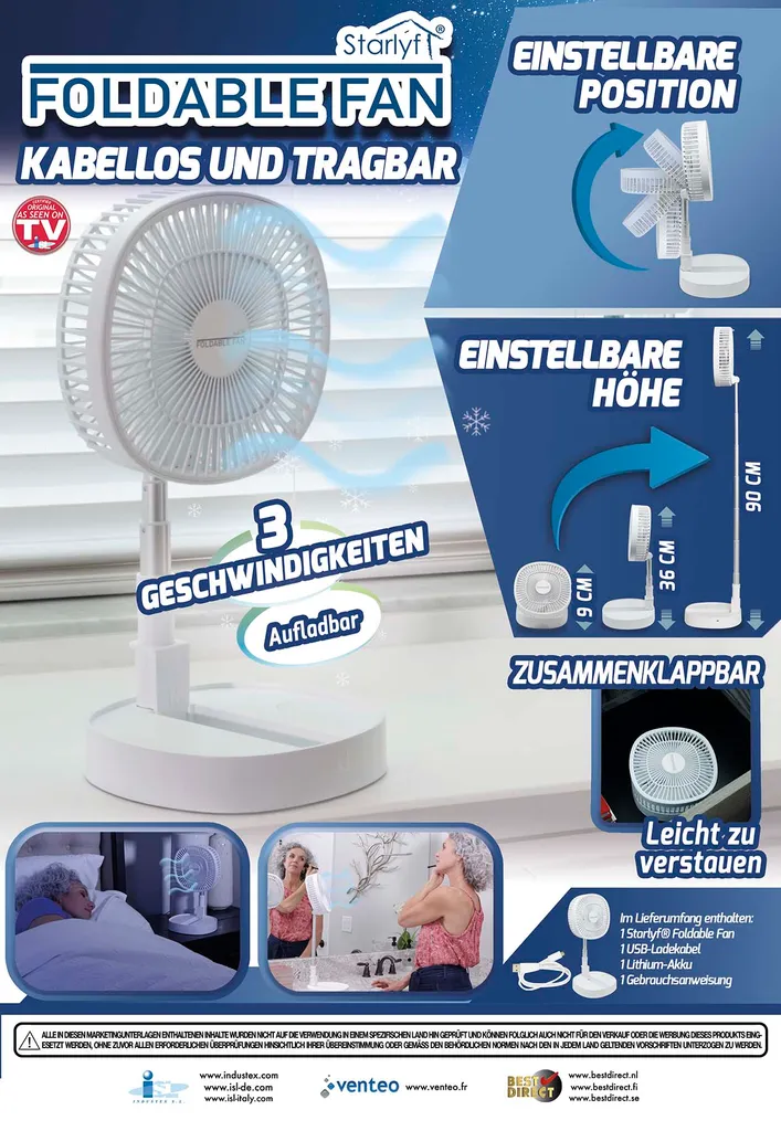Starlyf® Foldable Fan – Wiederaufladbarer, Kabelloser Und Zusammenklappbarer Ventilator, Akkubetrieb Mit 3 Geschwindigkeiten, 2in1 - Tischventilator Und Standventilator – Aus Der TV Werbung 17 Starlyf® Foldable Fan – Wiederaufladbarer, Kabelloser Und Zusammenklappbarer Ventilator, Akkubetrieb Mit 3 Geschwindigkeiten, 2in1 - Tischventilator Und Standventilator – Aus Der TV Werbung – Bild 15