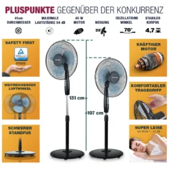 RelaxxNow Super Leiser Standventilator Mit 45W Motoren Leistung, Oszillierender Ventilator Mit 3 Geschwindigkeitsstufen Und Höhenverstellbarkeit Bis 131cm, 41 DB Schlafmodus & 41cm Durchmesser, VTX100 -Smart Kitchen Store 36a928236e6ea7103caa504a451b2829