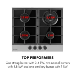 Klarstein Alchemist 4 Zonen Gaskochfeld , 4-flammig , Autark , 58,3 Cm , Einbau , Aluminium-Brenner , Stark-Brenner , Erdgas/Butangas , Edelstahl , Automatische Abschaltung , Topfträger Aus Gusseisen , Glaskeramik , Inkl. Schlauch Und Druckminderer , Schwarz -Smart Kitchen Store 38634c95b256dd4ea38dcc762d9ba3c6