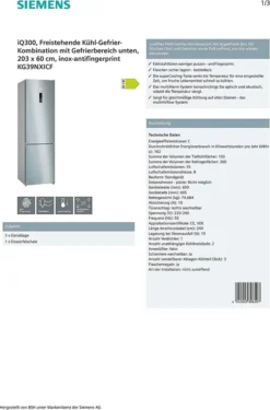 Siemens KG39NXICF IQ300 Kühl-Gefrier-Kombination, 203 X 60 Cm, 260 L Kühlen + 103 L Gefrieren, HyperFresh Längere Frische, NoFrost Nie Wieder Abtauen, AntiFingerprint Schutz Vor Fingerabdrücken -Smart Kitchen Store 397995303f3ab1feaa4af00024592b34