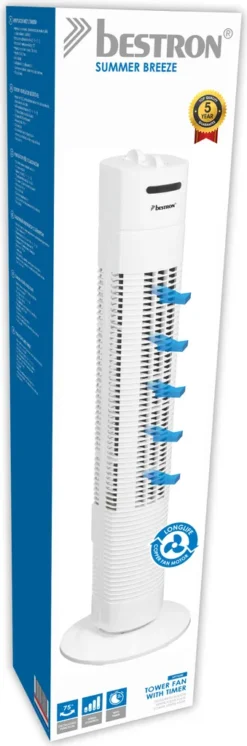 Bestron Turmventilator Mit 3 Geschwindigkeitsstufen, Inkl. 75° Oszillation-Funktion, Timer, Höhe: 78cm, 35W, AFT760Z, Farbe: Weiß -Smart Kitchen Store 3a84b77c98f7f513761621e172e58887
