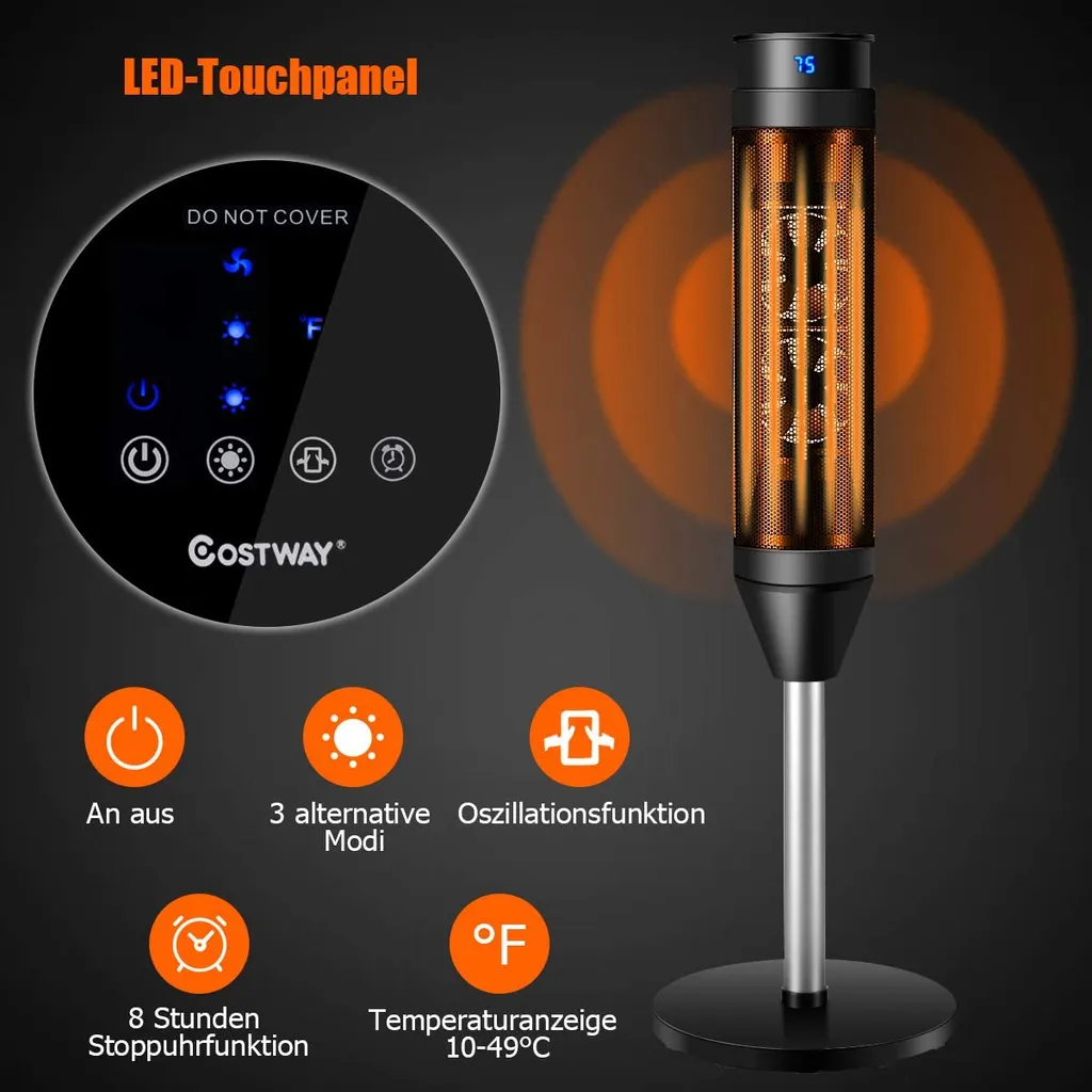 COSTWAY Heizlüfter, 1,2KW/2KW, Elektroheizung, Heizgerät Mit Thermostat & 3 Modi, 40° Oszillation, 10 - 49℃, Schnellerhitzung, Inkl. 8H Timer, LED, 28x28x85cm, Schwarz 7 COSTWAY Heizlüfter, 1,2KW/2KW, Elektroheizung, Heizgerät Mit Thermostat & 3 Modi, 40° Oszillation, 10 - 49℃, Schnellerhitzung, Inkl. 8H Timer, LED, 28x28x85cm, Schwarz – Bild 5