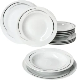 Mambo-Cat Kaffee-Tasse Porzellan-Becher Geschirr-Set Schüssel Bowl-Schale Tafel-Zubehör Suppen-Schälchen Speise-Teller Käse-Wurst Ess-Platte Frühstücks-Buffet Brunch Kuchen-Dessert Home Streifen-Grau Schwarz-Creme Kombi-Service Sechs-Personen -Smart Kitchen Store 3d4d45593f3714bde53bf44580a7525a