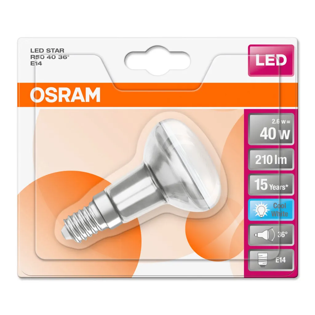 Osram LED Leuchtmittel R50 Glas Reflektor 2,6W = 40W E14 Matt 210lm Neutralweiß 4000K 36° 7 Osram LED Leuchtmittel R50 Glas Reflektor 2,6W = 40W E14 Matt 210lm Neutralweiß 4000K 36° – Bild 5