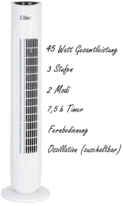 Zilan Turmventilator | 3 Stufen | 2 Modi | 7,5h Timer | Fernbedienung | Oszillierend | -Smart Kitchen Store 3f3563ffdd6197b46c8d244be9bf1f33