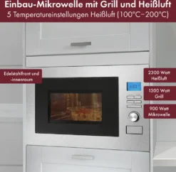 Bomann 3in1 Einbau-Mikrowelle Mit Grill Und Heißluft, 25 L Garraum, 8 Automatikprogramme, Auftaufunktion, Inkl. Grillrost Und Drehteller (Ø 27 Cm), 900 Watt, Edelstahl, MWG 3001 H EB -Smart Kitchen Store 4058299871304b72d7e48de4733b2001