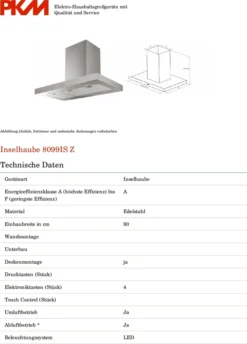 PKM Dunstabzugshaube Inselhaube Edelstahl Deckenhaube 8099IS Z 90 Cm EEK: A -Smart Kitchen Store 44fc2d8936094b9c97b3cf4e32b2d262