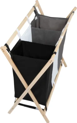 Jago® Wäschesortierer - Faltbar, 3 Fächer Aus Stoff, Aus Holz, Dreifarbig, Ca. 128 L Volumen, Größe (L/B/H): 75/40/72 Cm - Wäschekorb, Wäschebox, Wäschesammler -Smart Kitchen Store 4626b96bce972e4b2cc7e6c034f589fa