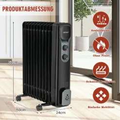 COSTWAY 2500W Ölradiator 11 Rippen Heizkörper 5-35℃, Elektrische Heizung 3 Heizstufen Mobil Mit Räder, Überhitzungsschutz -Smart Kitchen Store 48e0f1957891035ba6beb60fd493590a