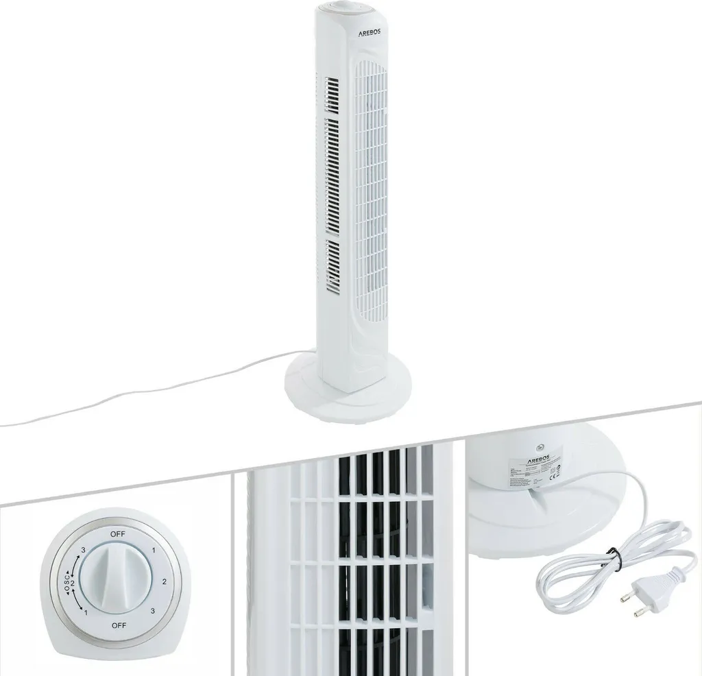 AREBOS Turmventilator, 50 Watt, 60°-Oszillation, 3 Geschwindigkeitsstufen, Ventilator Mit Tragegriff, Weiß, Leise 3 AREBOS Turmventilator, 50 Watt, 60°-Oszillation, 3 Geschwindigkeitsstufen, Ventilator Mit Tragegriff, Weiß, Leise