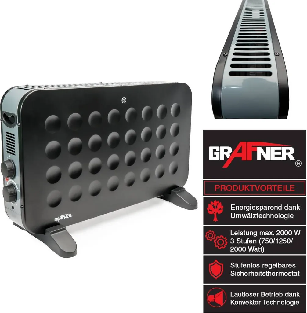 Grafner® Konvektor Elektro Heizung 2000 Watt Heizgerät Matt Schwarz DK11046 4 Grafner® Konvektor Elektro Heizung 2000 Watt Heizgerät Matt Schwarz DK11046 – Bild 2