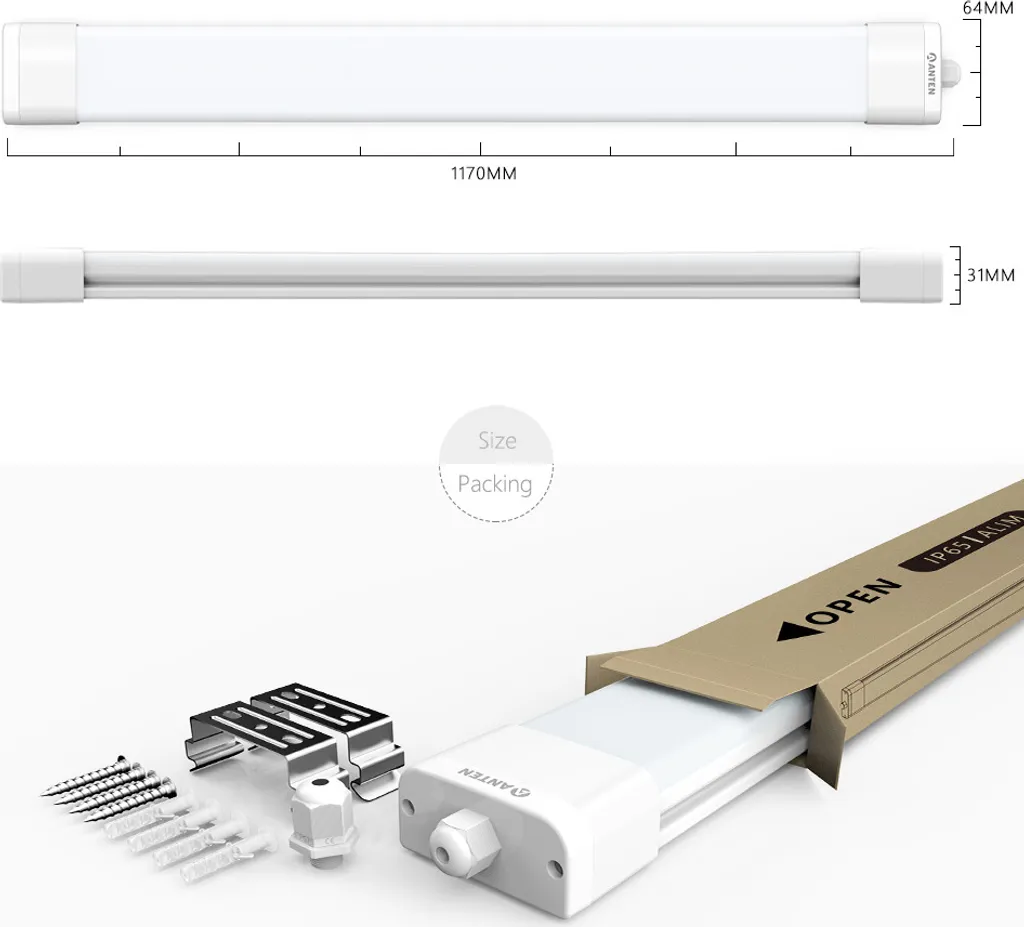 Anten LED Feuchtraumleuchte, 120CM 36W Wannenleuchte 4000k Neutralweiß, 3300Lumen Deckenleucht Wasserfest IP65 12 Anten LED Feuchtraumleuchte, 120CM 36W Wannenleuchte 4000k Neutralweiß, 3300Lumen Deckenleucht Wasserfest IP65 – Bild 10