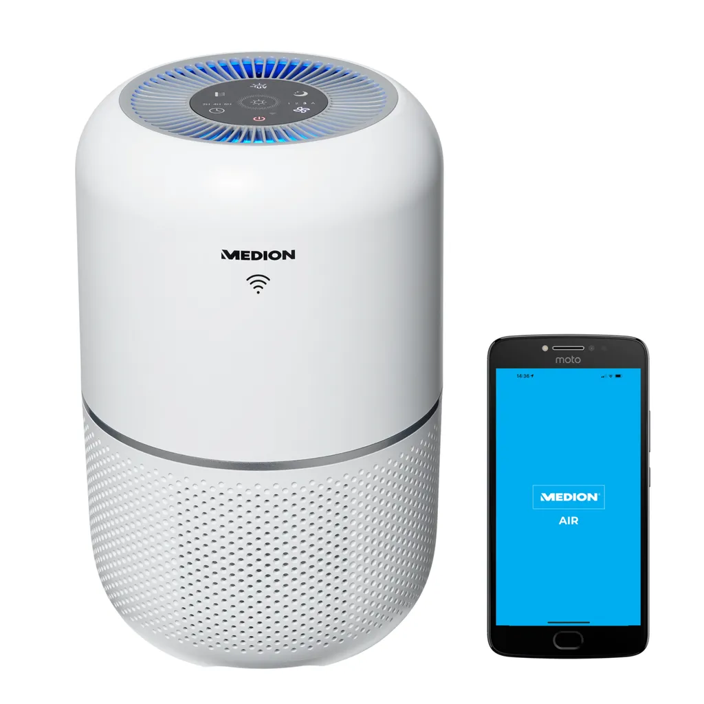 MEDION Smarter Luftreiniger (UV-Licht, HEPA H13 Filter, Reduziert Verunreinigungen Aerosole Pollen Staub Tierhaare, Bis 34 M², Schlaffunktion, App-Steuerung, Luftqualitätsanzeige, 35 Watt, MD 19878) 4 MEDION Smarter Luftreiniger (UV-Licht, HEPA H13 Filter, Reduziert Verunreinigungen Aerosole Pollen Staub Tierhaare, Bis 34 M², Schlaffunktion, App-Steuerung, Luftqualitätsanzeige, 35 Watt, MD 19878) – Bild 2