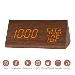 Wecker Digitaler LED Wecker Uhr Holz,mit Sprachsteuerung/Datum/Temperatur Und Luftfeuchtigkeit, Braun