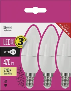 EMOS LED-Lampe Kerze 6W, Ersatz Für 40W Glühbirne, E14 Sockel, Helligkeit 470 Lm, Warmweiß 2700K, 30000 Stunden Leuchtdauer, CRI Min. 80, 250° Abstrahlwinkel, ZQ3220.3