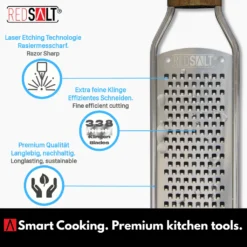 REDSALT® Premium Zester Edelstahl Reibe Mit Holzgriff | Rasiermesserscharfe Klinge | Küchenreibe Für Zitrone Ingwer Muskatnuss | Parmesanreibe Ingwerreibe Zitronenreibe Käsereibe -Smart Kitchen Store 64bfb9805edf81a99e4c3de29bbca386