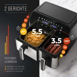 BALTER Heißluftfritteuse Mit Doppelkammer HL-850D, 9L (5,5L + 3,5L), 2 Speisen Gleichzeitig, 9 Programme , Friteuse Ohne Öl, Dual Zone, Airfryer, Heis -Smart Kitchen Store 6529dd9b6a90a7744ca40fdfefa05e72