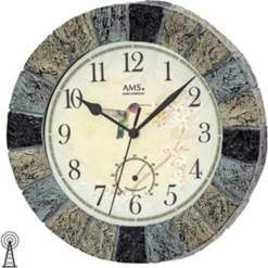 AMS 5979 Wanduhr Funk Funkwanduhr Analog Stein-Optik Mit Thermometer
