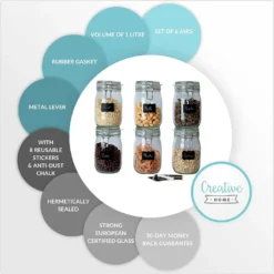 6 X Creative Home Gläser Mit Bügelverschluss | 1 Liter | Einmachgläser Drahtbügel-glas Aufbewahrungsgläser Mit Gummiring Und Deckel | 8 Wiederverwendbare Aufkleber + 1 Anti-Staub-Kreide -Smart Kitchen Store 6c8742ae18b7b5eb680c2c925d1634ba