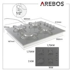 AREBOS Gaskochfeld 4 Flammen, Glaskeramik, Inkl. Topfträger & Zündsicherung, Autark, Geeignet Für Erdgas Oder Propangas, Gasherd -Smart Kitchen Store 7230546dcfaaeec6345732cdc1188178