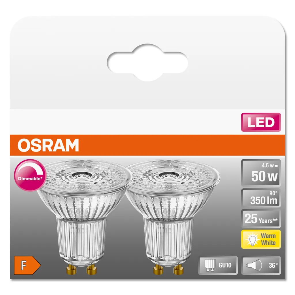 OSRAM Dimmbare PAR16 LED Reflektorlampe Mit GU10 Sockel, Warmweiss (2700K), 36 Grad, Hoher Farbwiedergabeindex Mit CRI90, Ersatz Für Herkömmliche 50W-Glühbirnen, Doppel-Pack 5 OSRAM Dimmbare PAR16 LED Reflektorlampe Mit GU10 Sockel, Warmweiss (2700K), 36 Grad, Hoher Farbwiedergabeindex Mit CRI90, Ersatz Für Herkömmliche 50W-Glühbirnen, Doppel-Pack – Bild 3
