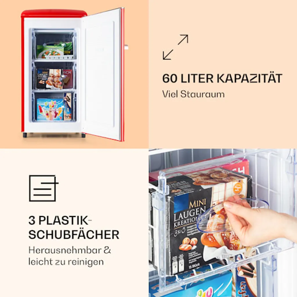 Klarstein Laika 60L Gefrierschrank , 60 Liter , 4-Sterne-Gefrierfach , 3 Schubladen , Temperatur: -18 Bis 0 °C , 5-stufiger Thermostat , 41 DB , Retro-Look 6 Klarstein Laika 60L Gefrierschrank , 60 Liter , 4-Sterne-Gefrierfach , 3 Schubladen , Temperatur: -18 Bis 0 °C , 5-stufiger Thermostat , 41 DB , Retro-Look – Bild 4