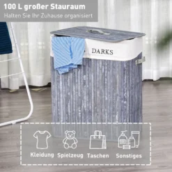 HOMCOM Wäschekorb Wäschebox Wäschesammler Mit Deckel Segeltuchsack Waschbarem Wäschesack Mit Griffen Segeltuch + Bambus Grau100L 52 X 32 X 63 Cm -Smart Kitchen Store 7d7bdcf30ac48d08625118e907395409