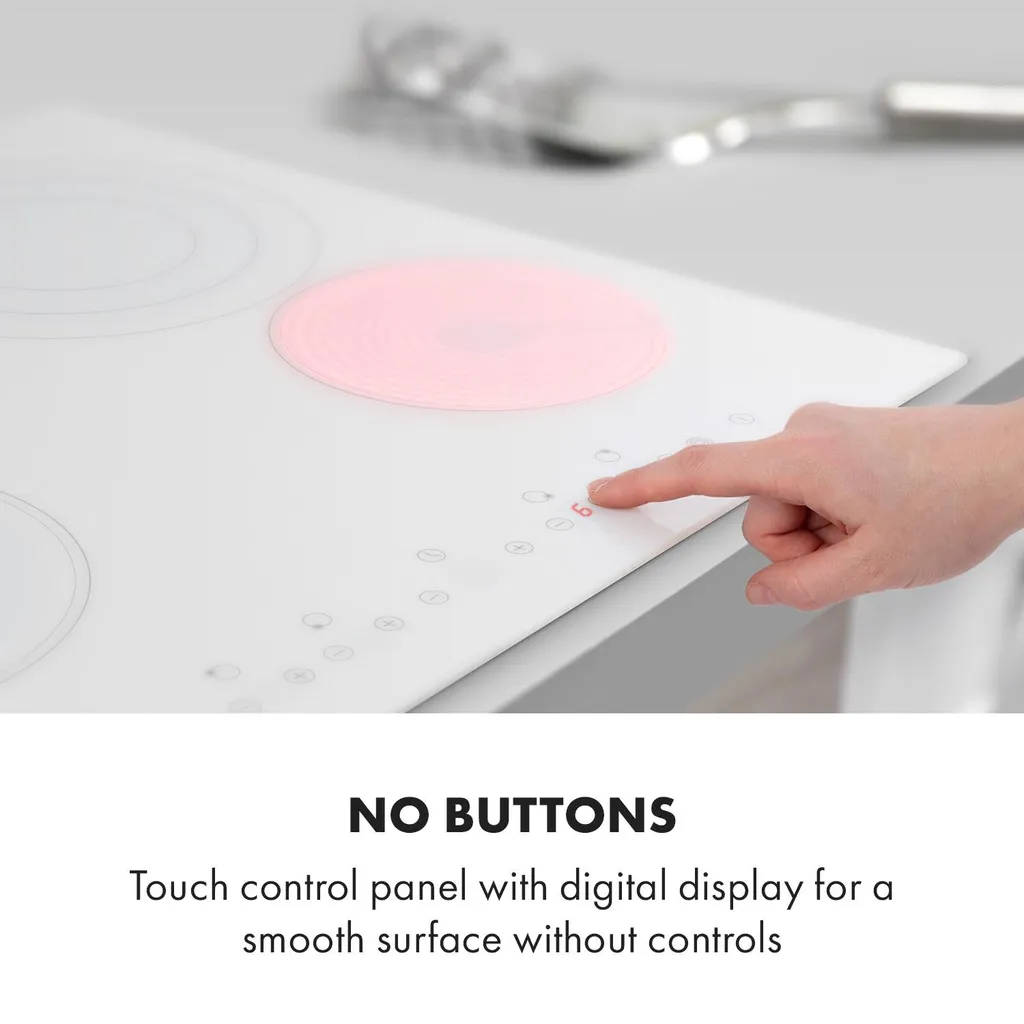 Klarstein Virtuosa 4 Glaskeramik-Kochfeld , Autark , 59 Cm , 4 Zonen: 6500 Watt , Zweifach-Zone , 4 Kochzonen , 9 Stufen , Timer , Rahmenlos , Timer , Kindersicherung , Weiß 7 Klarstein Virtuosa 4 Glaskeramik-Kochfeld , Autark , 59 Cm , 4 Zonen: 6500 Watt , Zweifach-Zone , 4 Kochzonen , 9 Stufen , Timer , Rahmenlos , Timer , Kindersicherung , Weiß – Bild 5