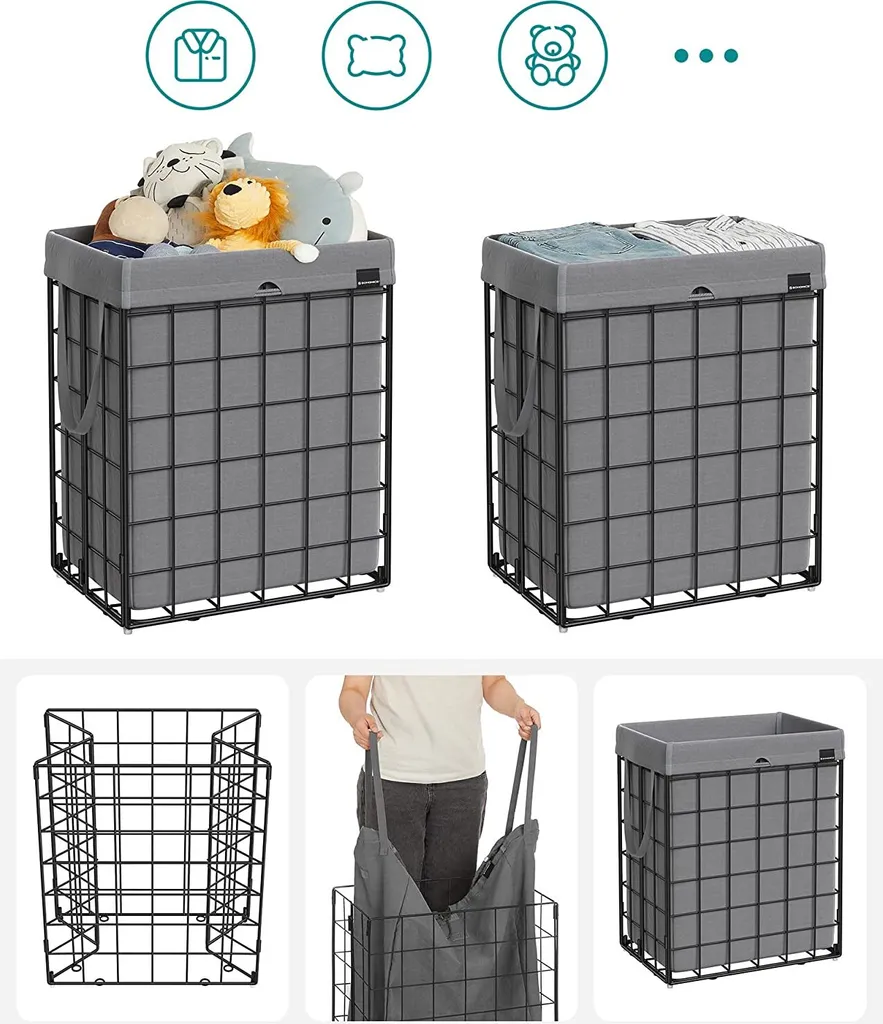 SONGMICS Wäschekorb 90L, Faltbarer Wäschesammler, Abnehmbarer Und Waschbarer Wäschesack, Metalldrahtgestell, Für Schlafzimmer, Bad, Waschküche, Schwarz-grau LCB190G01 9 SONGMICS Wäschekorb 90L, Faltbarer Wäschesammler, Abnehmbarer Und Waschbarer Wäschesack, Metalldrahtgestell, Für Schlafzimmer, Bad, Waschküche, Schwarz-grau LCB190G01 – Bild 7