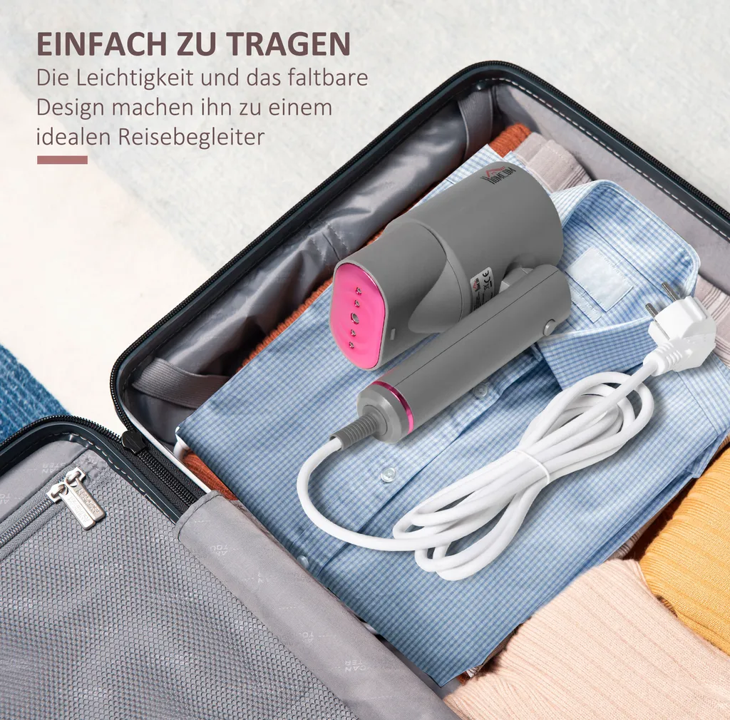 HOMCOM Dampfglätter Dampfbürste Faltbar Kleidung Hemden Dampfbügeleisen Mit 160 Ml Wassertank 1520 W Schnelles Aufheizen Aluminium Kunststoff Grau+Rosa 27,5 X 18,2 X 9 Cm 10 HOMCOM Dampfglätter Dampfbürste Faltbar Kleidung Hemden Dampfbügeleisen Mit 160 Ml Wassertank 1520 W Schnelles Aufheizen Aluminium Kunststoff Grau+Rosa 27,5 X 18,2 X 9 Cm – Bild 8