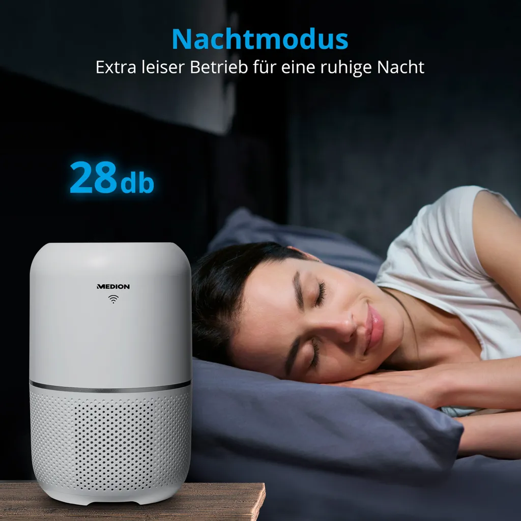 MEDION Smarter Luftreiniger (UV-Licht, HEPA H13 Filter, Reduziert Verunreinigungen Aerosole Pollen Staub Tierhaare, Bis 34 M², Schlaffunktion, App-Steuerung, Luftqualitätsanzeige, 35 Watt, MD 19878) 11 MEDION Smarter Luftreiniger (UV-Licht, HEPA H13 Filter, Reduziert Verunreinigungen Aerosole Pollen Staub Tierhaare, Bis 34 M², Schlaffunktion, App-Steuerung, Luftqualitätsanzeige, 35 Watt, MD 19878) – Bild 9