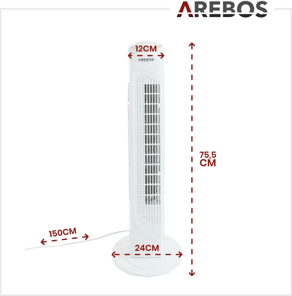 AREBOS Turmventilator, 50 Watt, 60°-Oszillation, 3 Geschwindigkeitsstufen, Ventilator Mit Tragegriff, Weiß, Leise 10 AREBOS Turmventilator, 50 Watt, 60°-Oszillation, 3 Geschwindigkeitsstufen, Ventilator Mit Tragegriff, Weiß, Leise – Bild 8