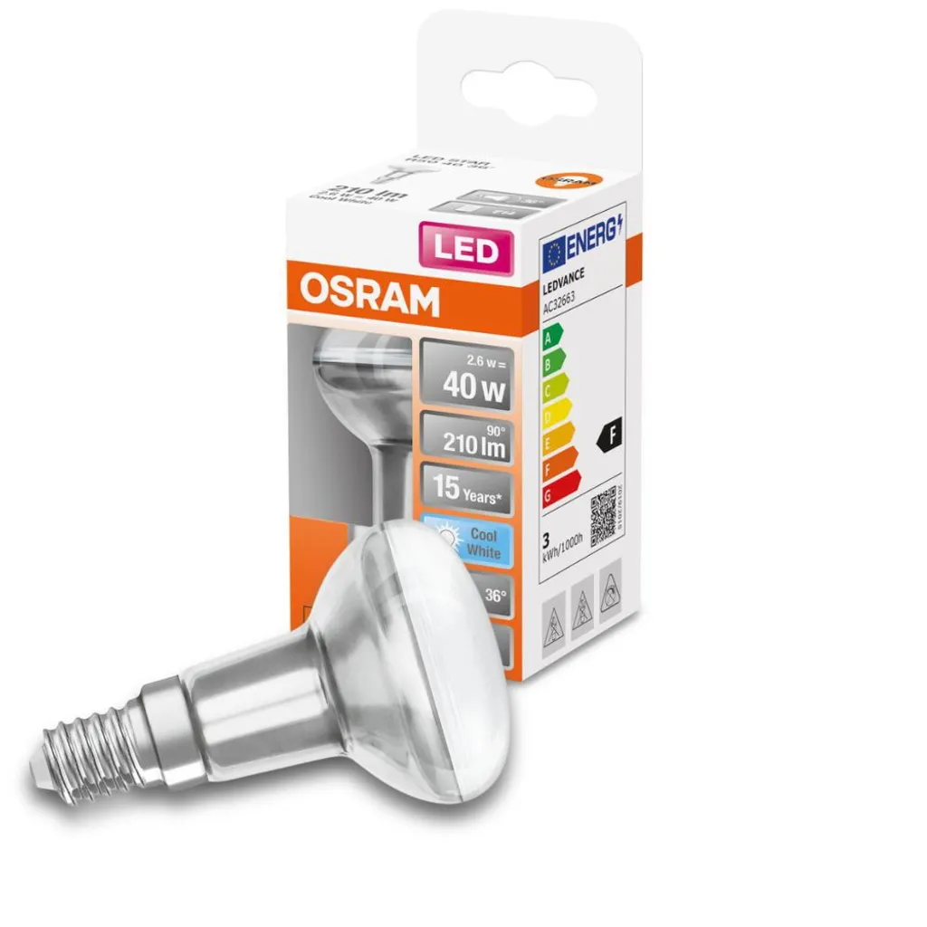 Osram LED Leuchtmittel R50 Glas Reflektor 2,6W = 40W E14 Matt 210lm Neutralweiß 4000K 36° 5 Osram LED Leuchtmittel R50 Glas Reflektor 2,6W = 40W E14 Matt 210lm Neutralweiß 4000K 36° – Bild 3