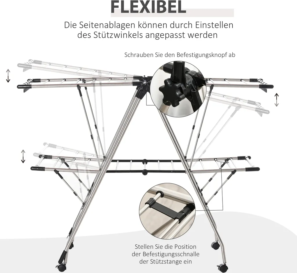 HOMCOM Kleiderständer Wäschetrockner Wäscheständer Standtrockner Zusammenklappbar Großer Trockenraum Edelstahl 138,5x63x208cm 7 HOMCOM Kleiderständer Wäschetrockner Wäscheständer Standtrockner Zusammenklappbar Großer Trockenraum Edelstahl 138,5x63x208cm – Bild 5